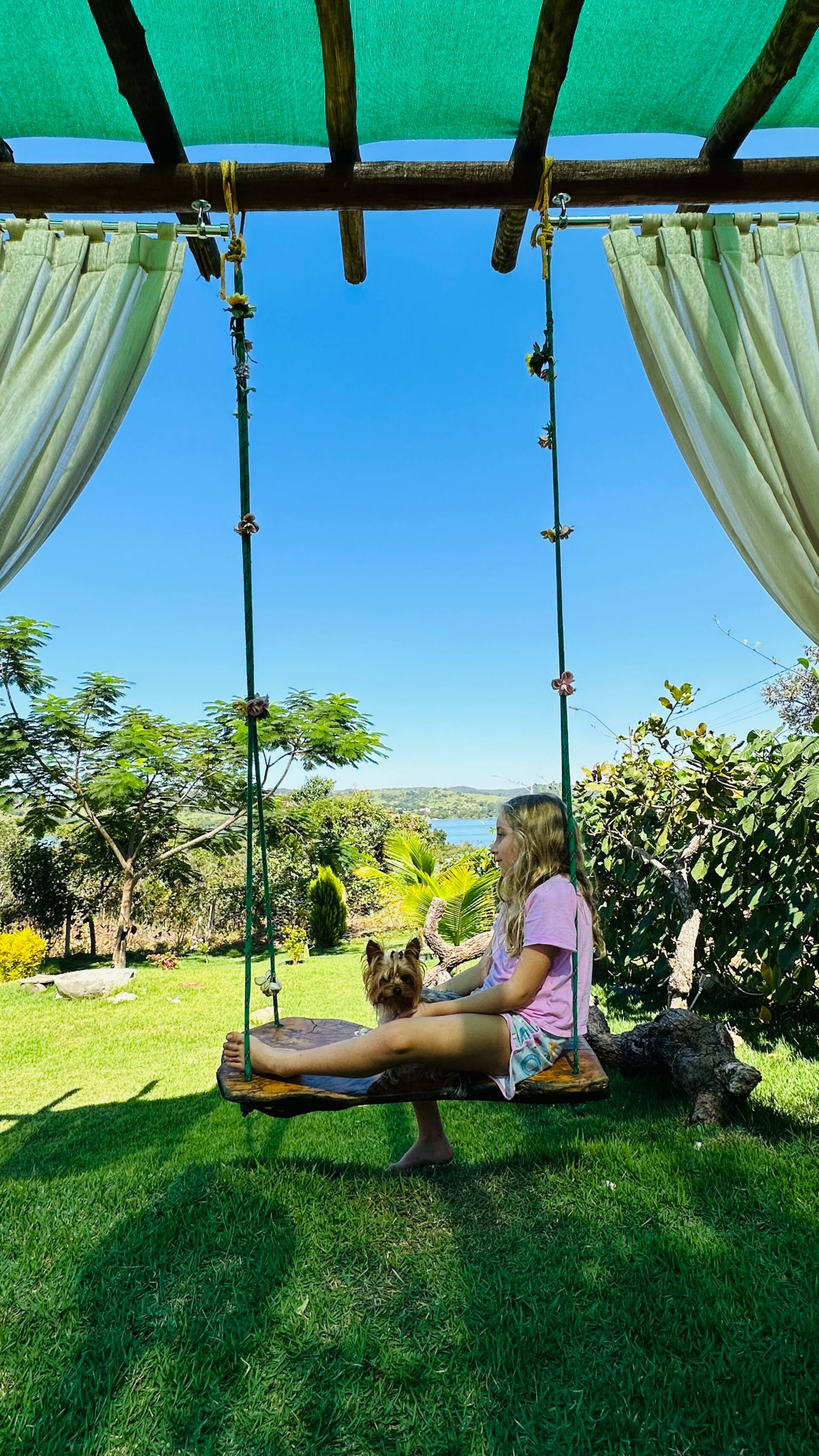 Balanço no jardim sob o pergolado